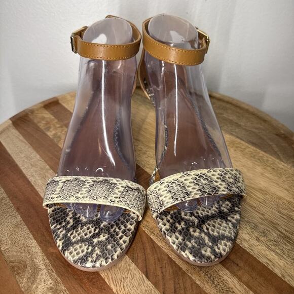 Tory Burch Snakeskin Savannah Wedge Sandal Ankle Strap‎ Sz. 9 Gold Logo Hardware - Picture 6 of 15